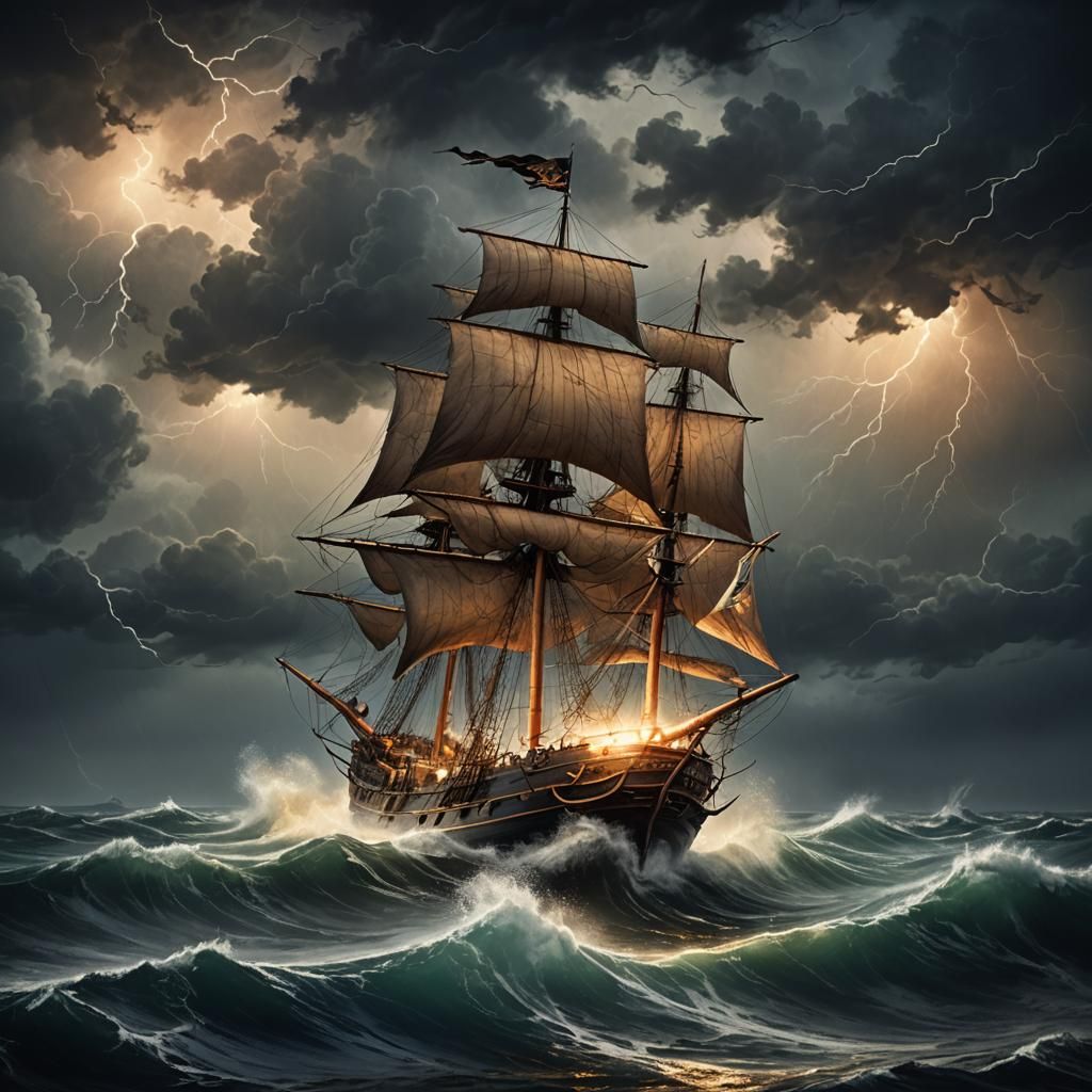 Pirate Ship Battles Stormy Seas: A Digital Painting