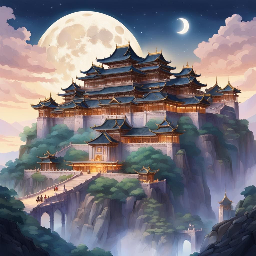 Moonstone Palace Atop Mountain With Ascending Immortal