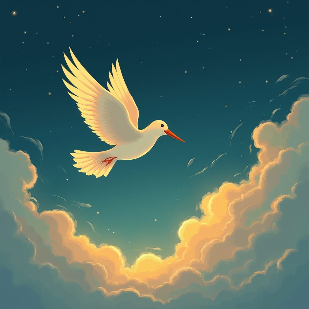 Bird Soaring into Golden Night Sky in Whimsical Style
