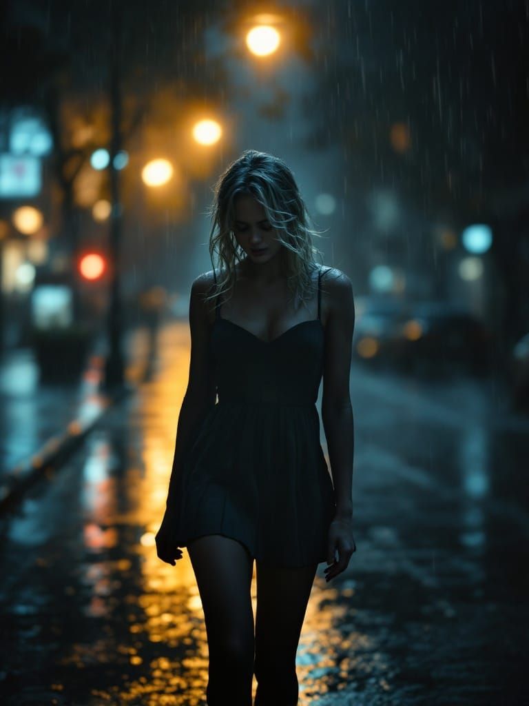 Woman in Rain: Film Noir Cinematic Still
