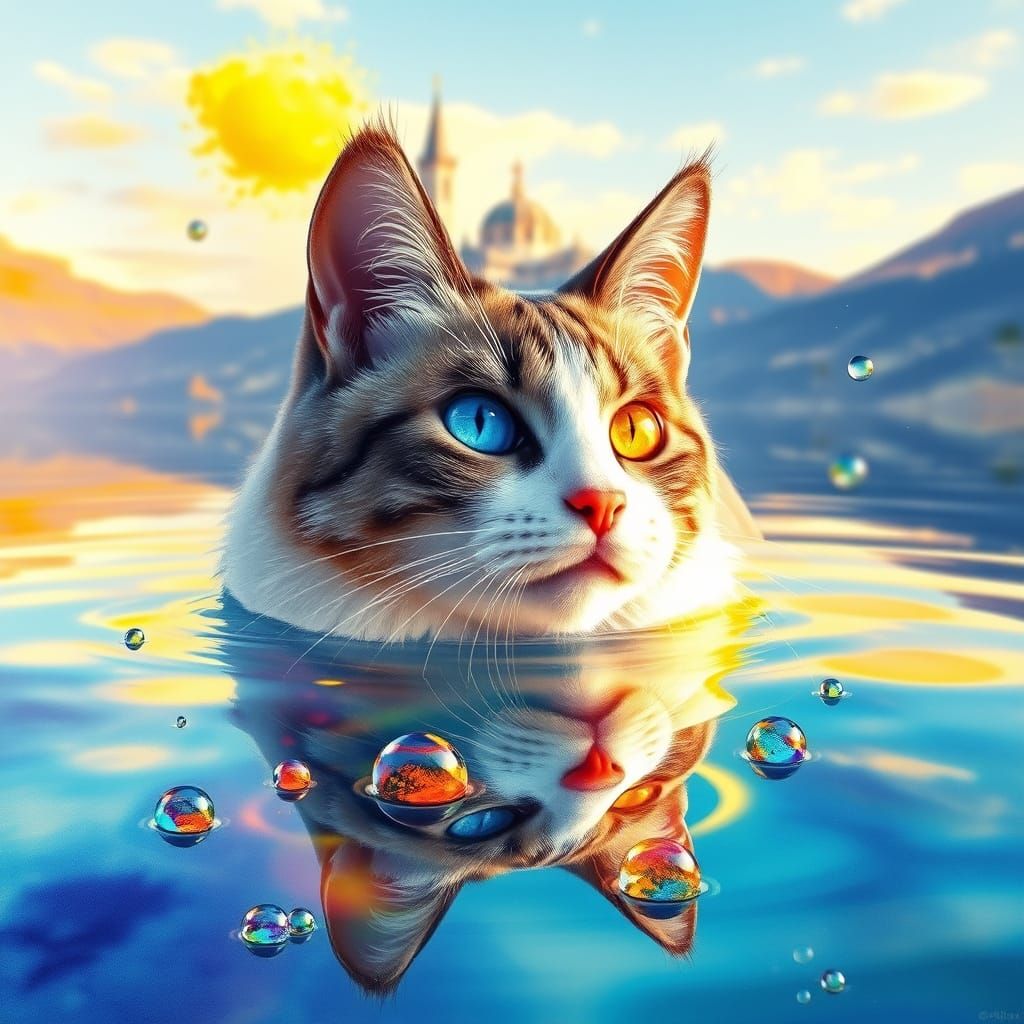 Van Cat Swimming in Rainbow Lake: 3D Anime Art