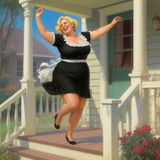 Full-Figured Housewife Dancing on Porch in Mini Skirt