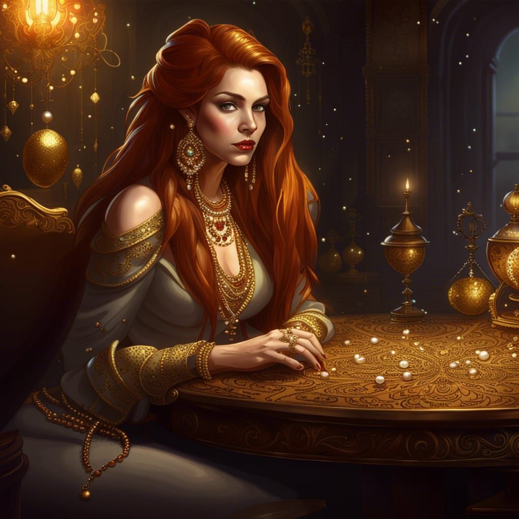 Elegant Lady Amidst Jewels, Dark Fantasy Art