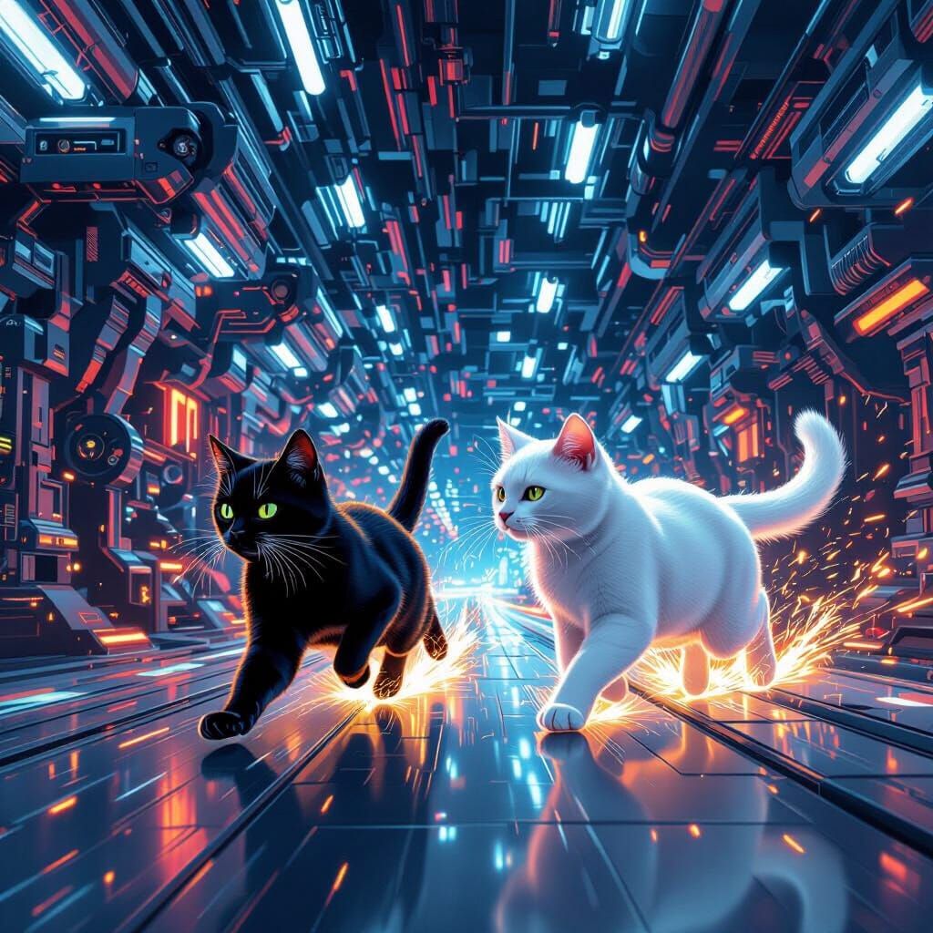 Cats Running Through Futuristic Robot Factory