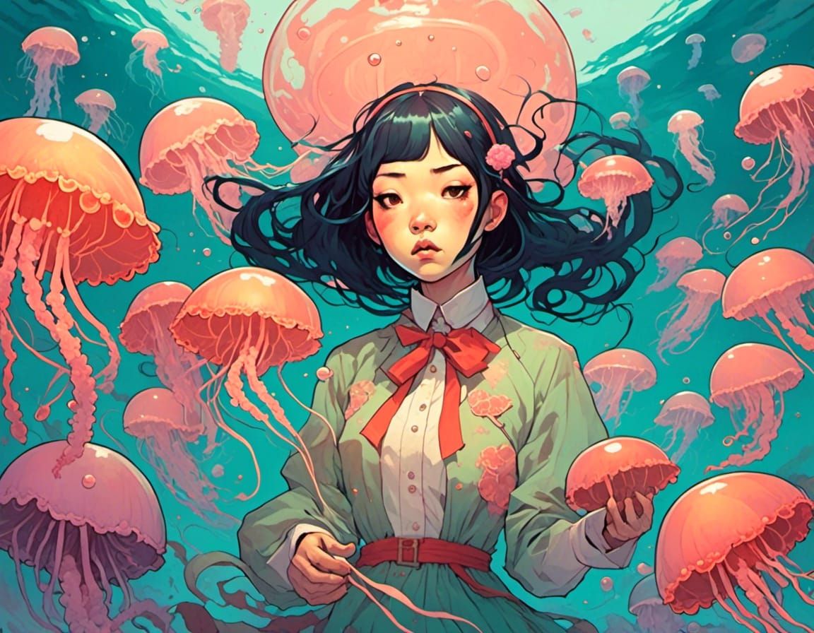 Korean Girl Floating with Jellyfish: Comic Art