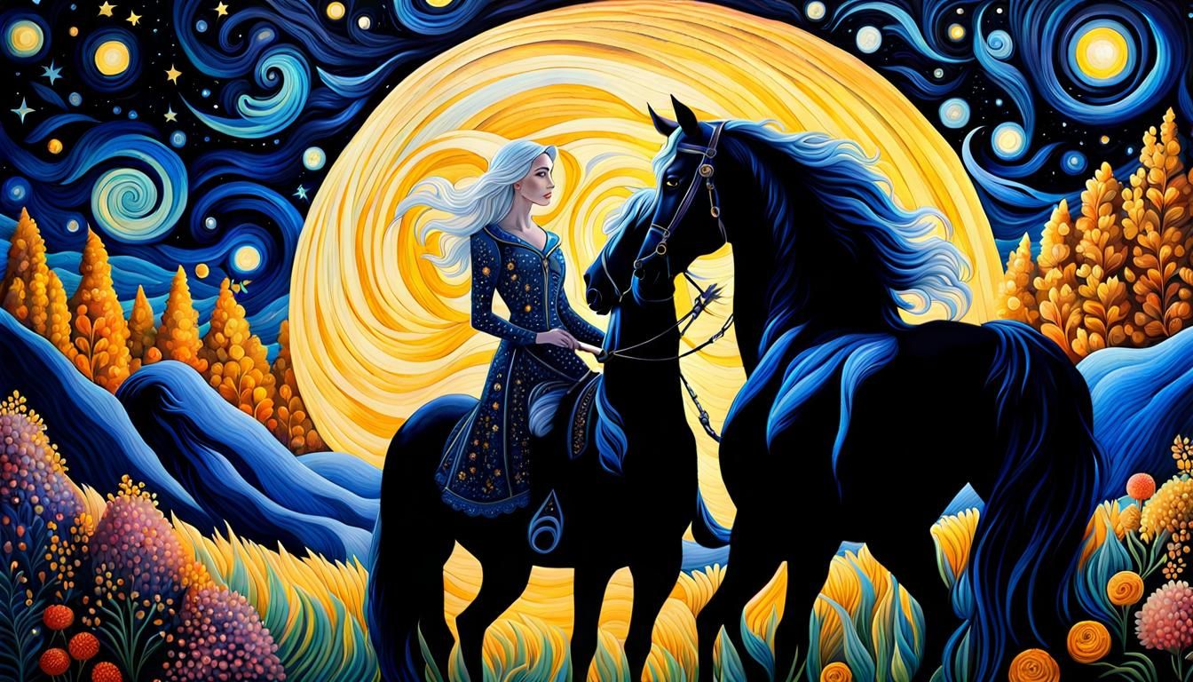 Starry Night Ride: Woman on Stallion in Gouache Style