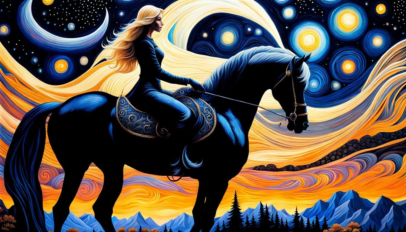 Starry Night Wonderland: Woman on Stallion in Gouache Style