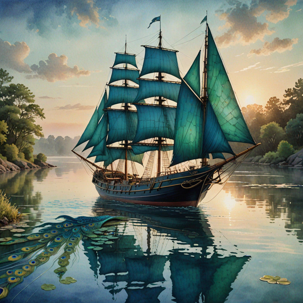 Whimsical Maritime Masterpiece with Peacock Sails