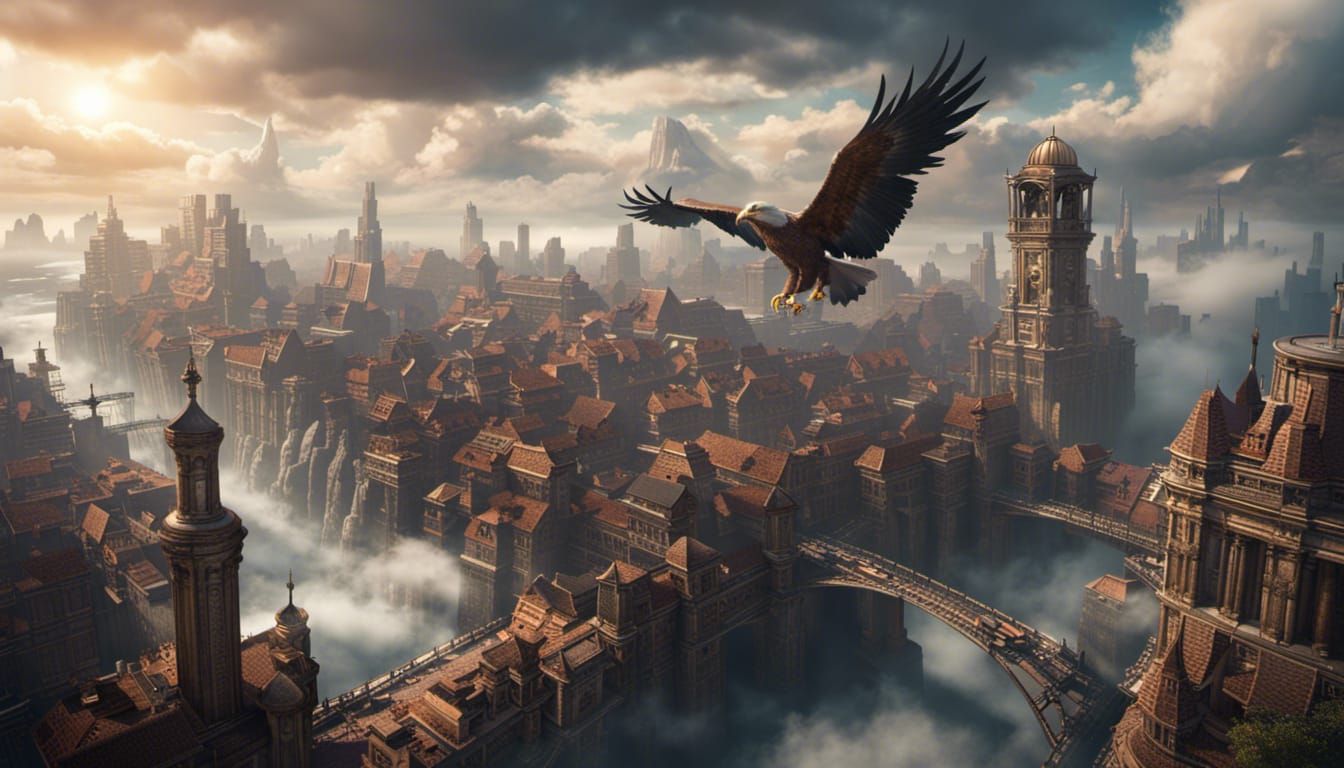 Fantastical City on Eagle's Back, Detailed Matte Painting
