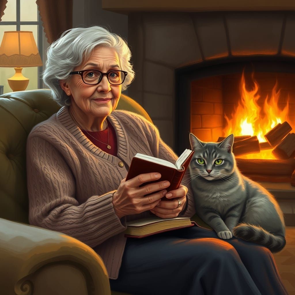 Cozy Reading Scene with Cat, Warm Lighting