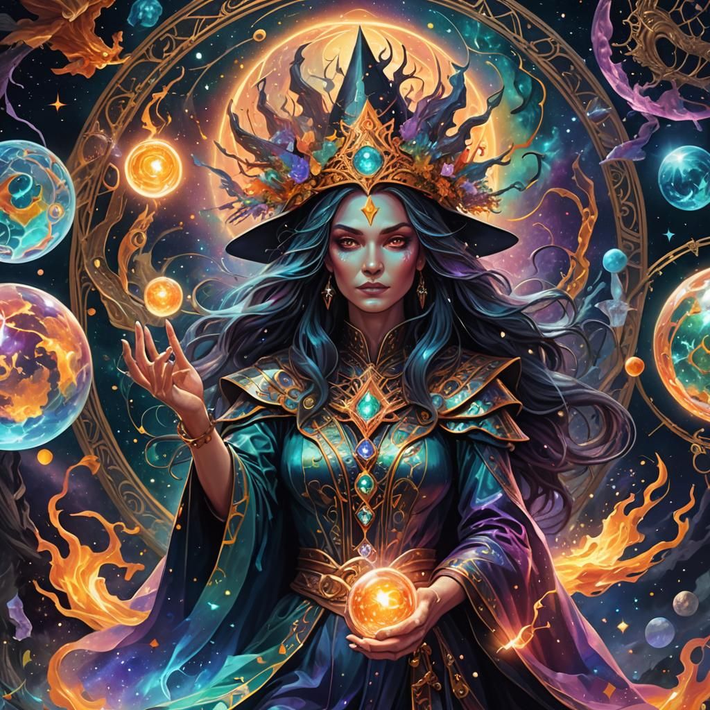 Witch Casting Elemental Magic in Astral Illustration Style