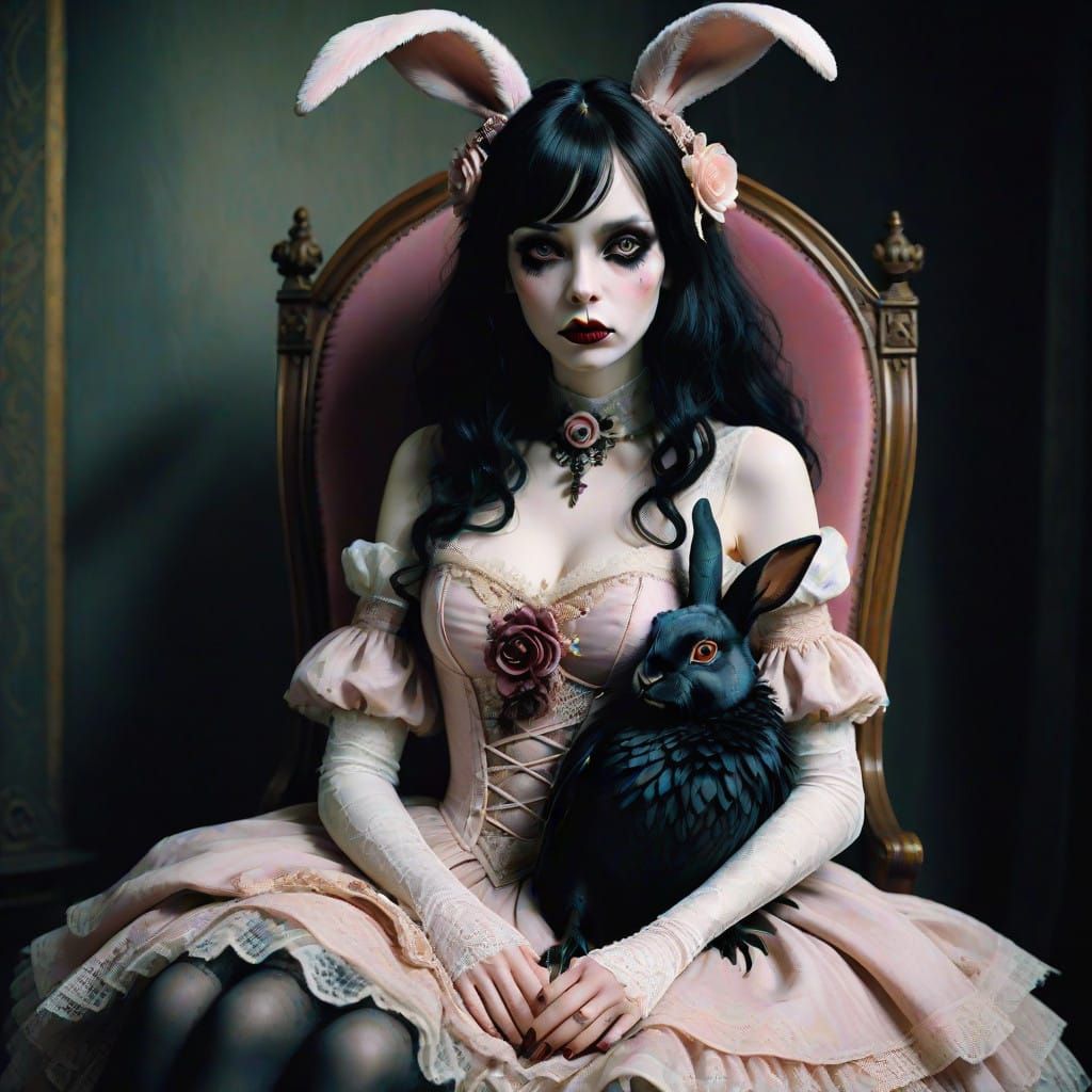 Goth Girl Ensnared by Gentle Giant Pink Bunny