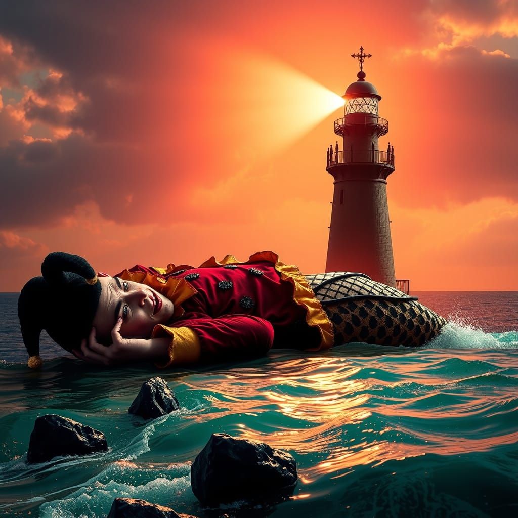 Ethereal Dark Elf Jester by a Radiant Gothic Lighthouse