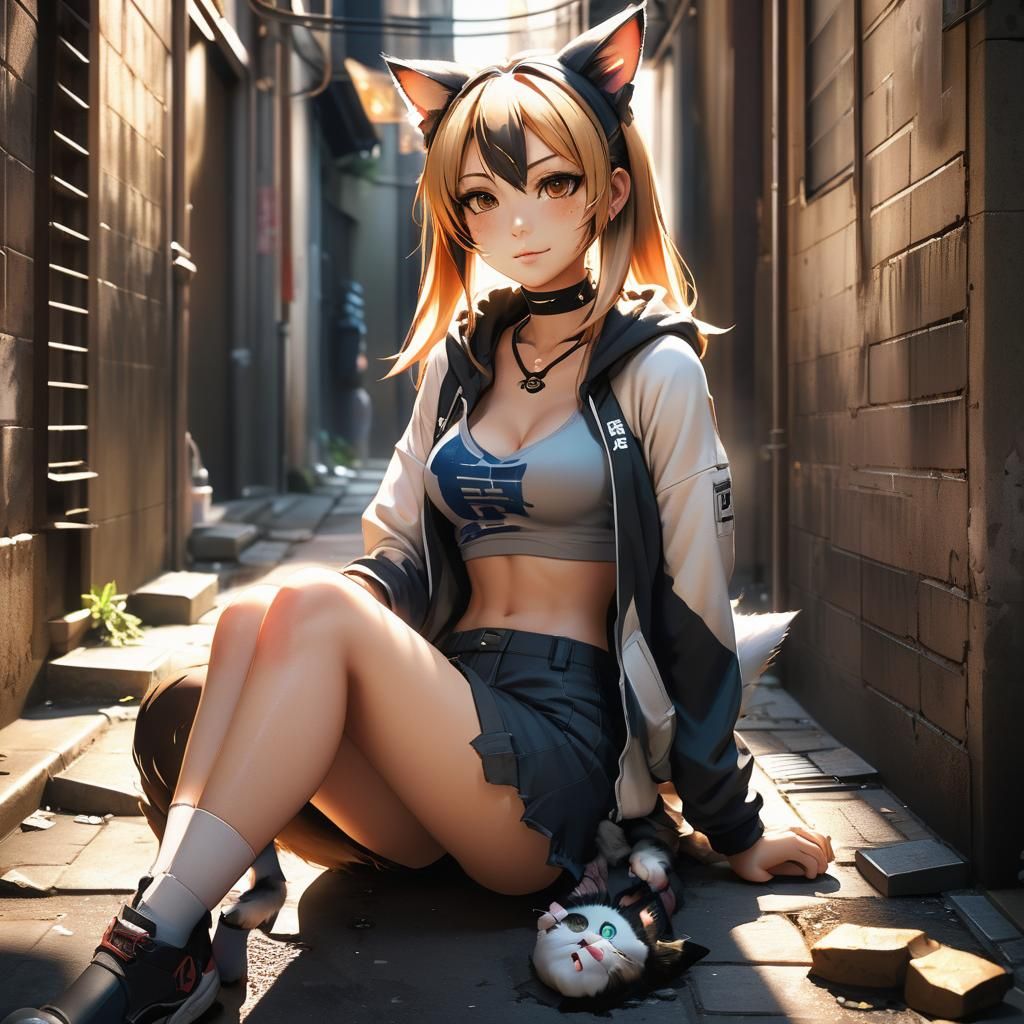 Anime Girl with Cat Features in Alleyway: 3D Art