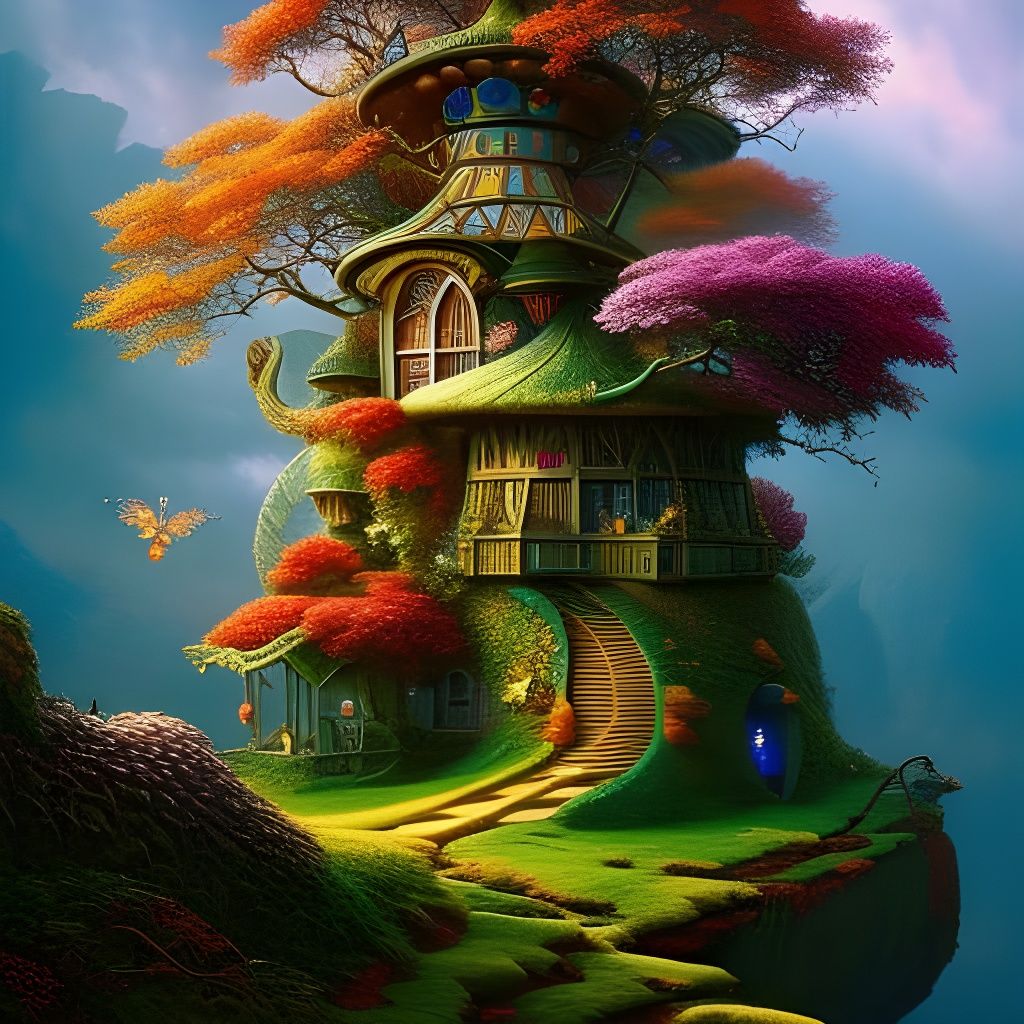 Surreal Fairytale Treehouse with Vibrant Colors