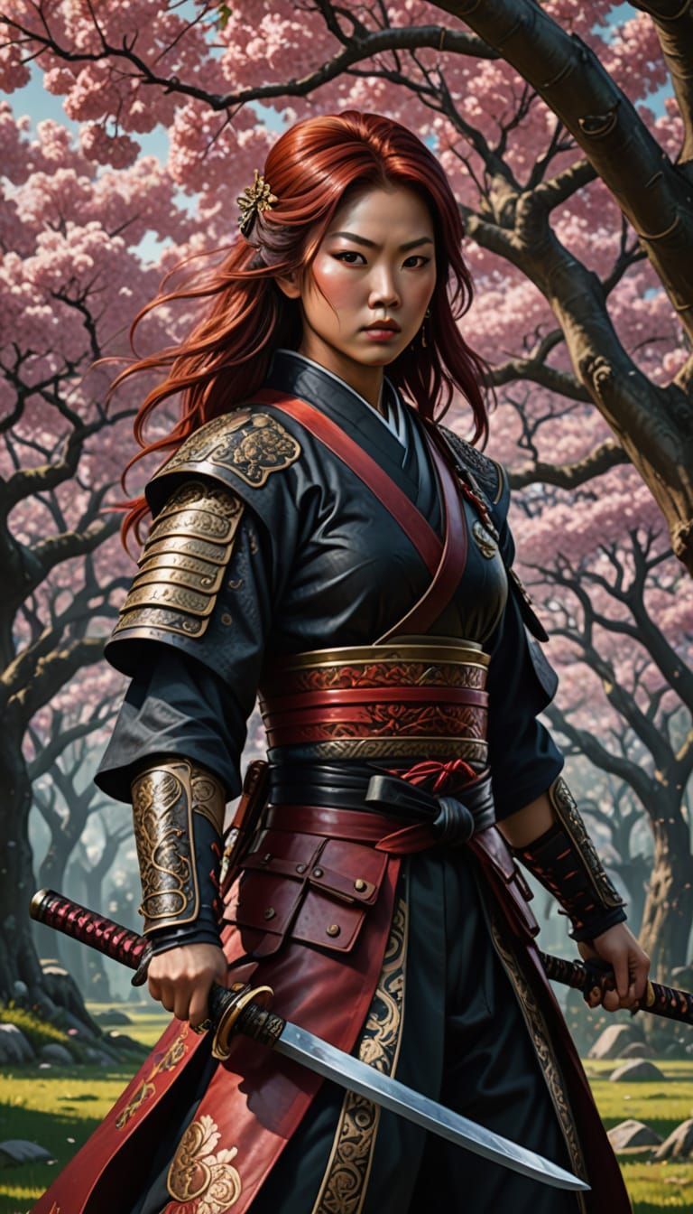 Elegant Samurai Warrior in Cherry Blossom Splendor