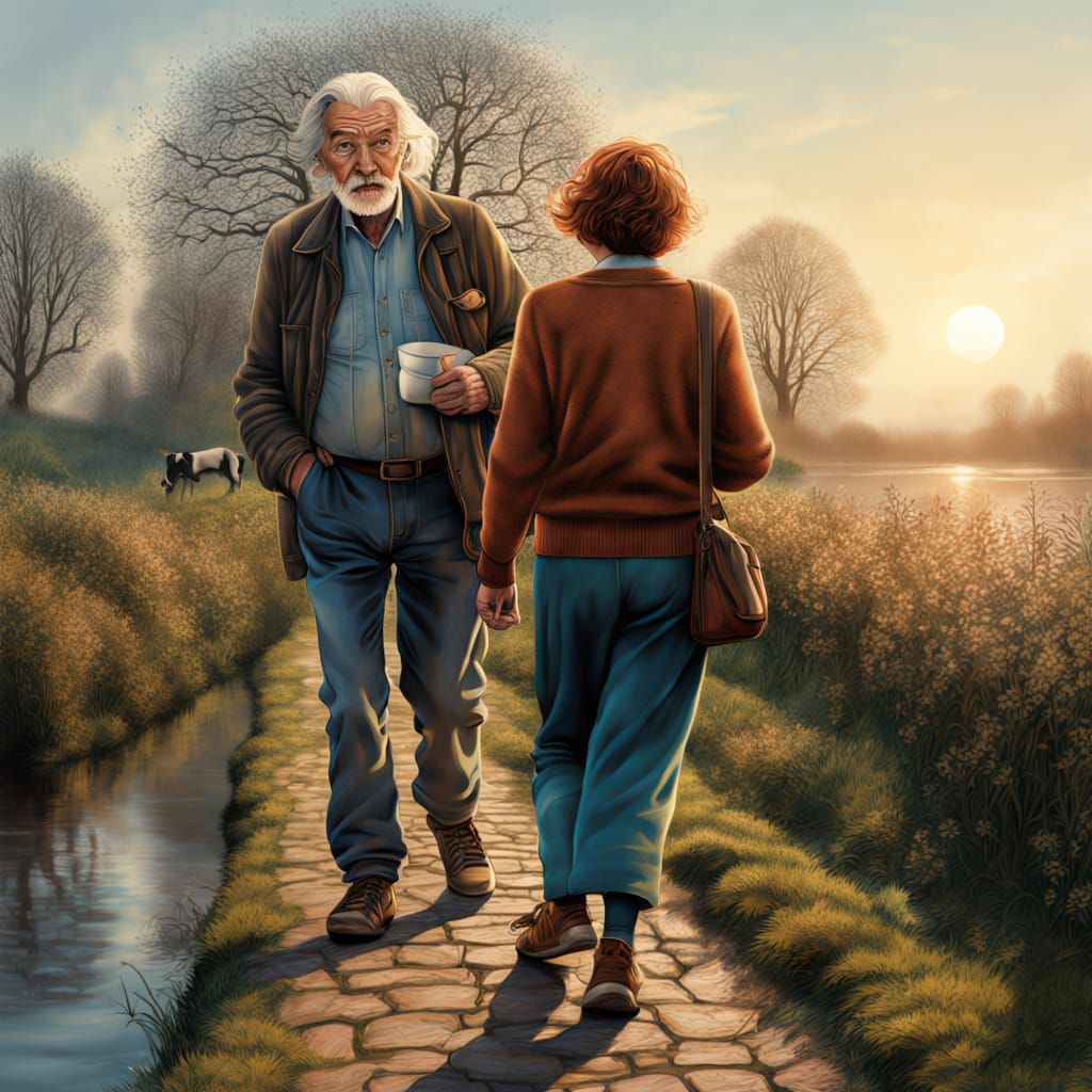 Elegant Elderly Couple Strolls Through Dutch Countryside