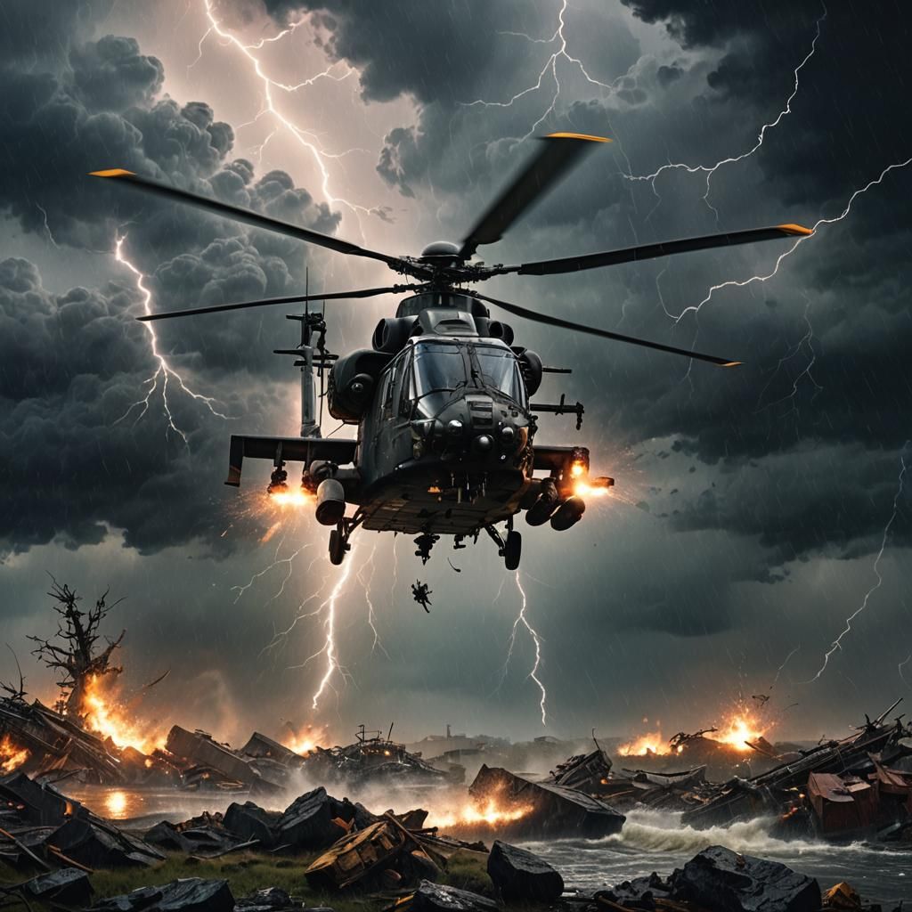Combat Helicopter in Storm: Cinematic Digital Matte Painting
