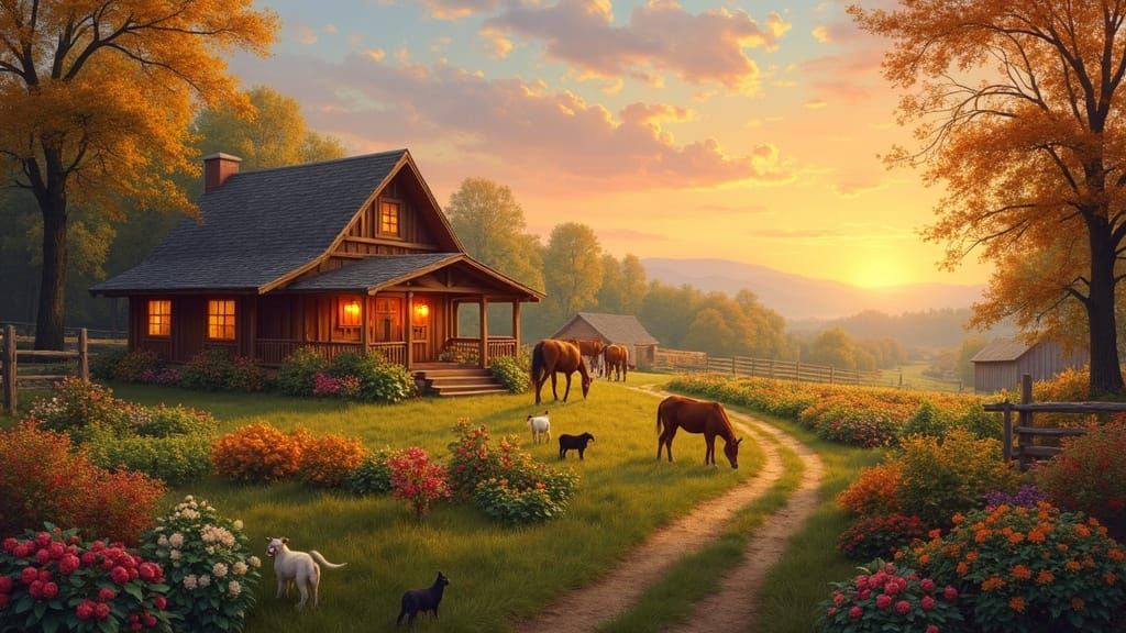 Serene Farmland Cabin in Oil Painting Style