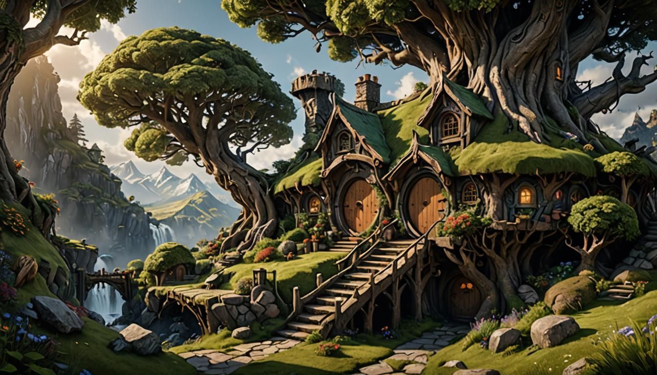 Fantastical Hobbit Treehouse Concept Art in 8K
