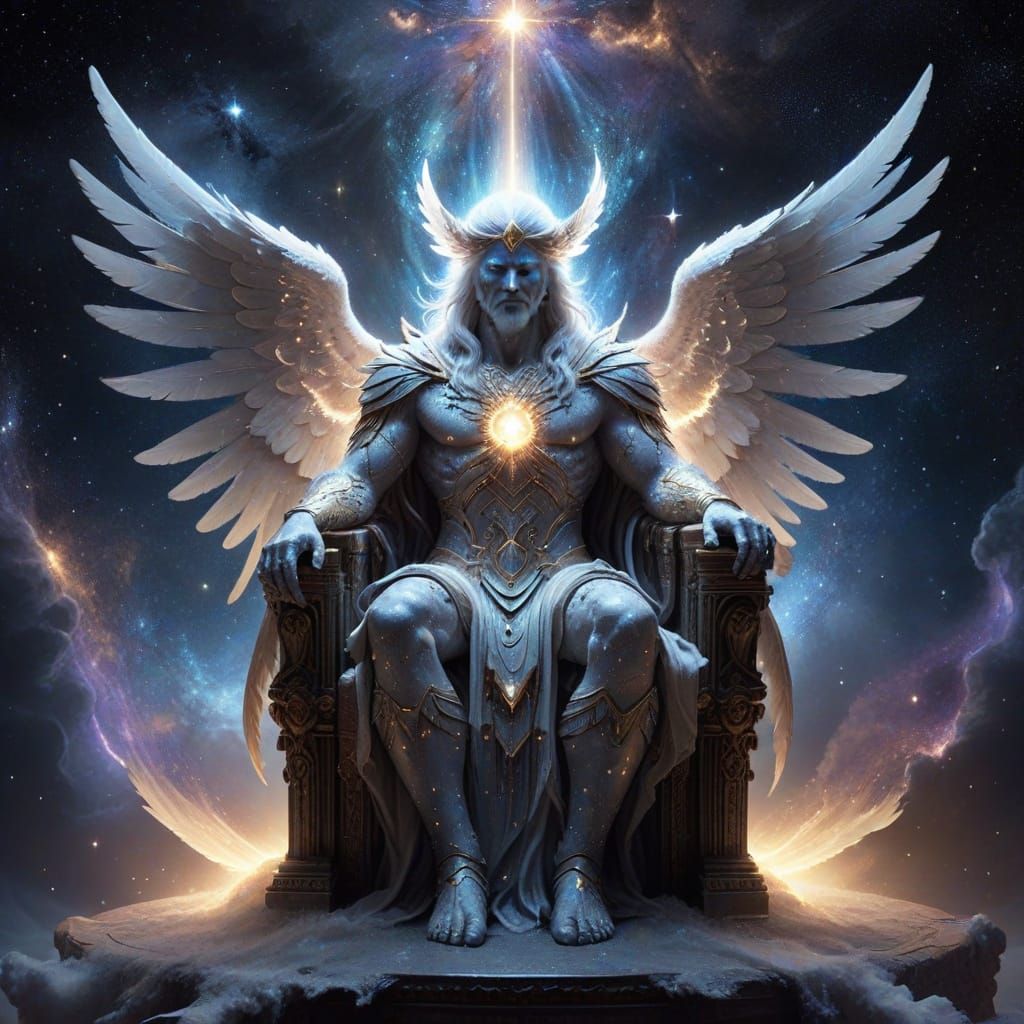A celestial augur with feathered wings, seated upon a throne made of stardust. Cosmic entities with radiant eyes orbit t...