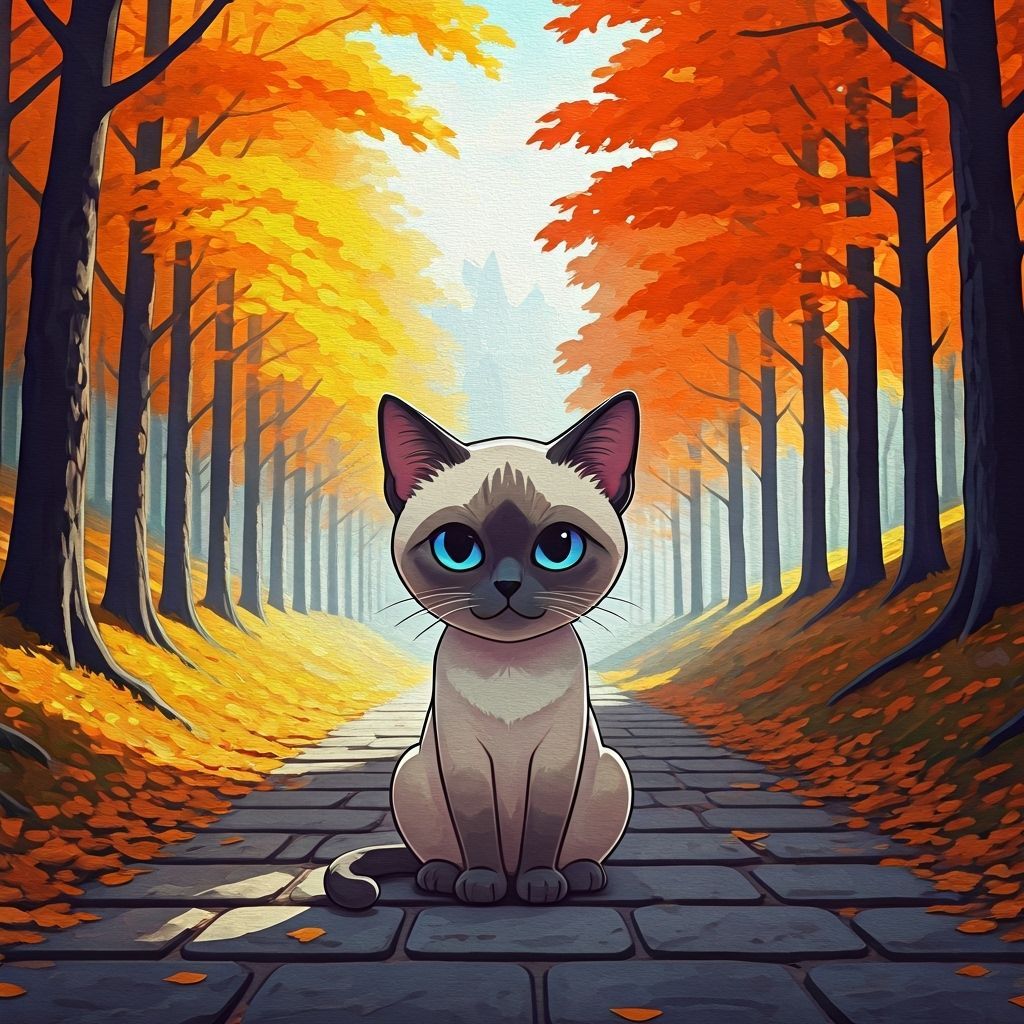 Chibi Siamese Cat in Autumnal Gouache Masterpiece