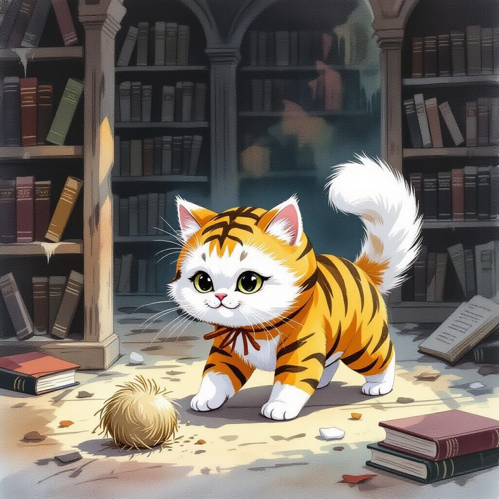 Fluffy Cat in Tiger Costume Stalks Dust Bunny