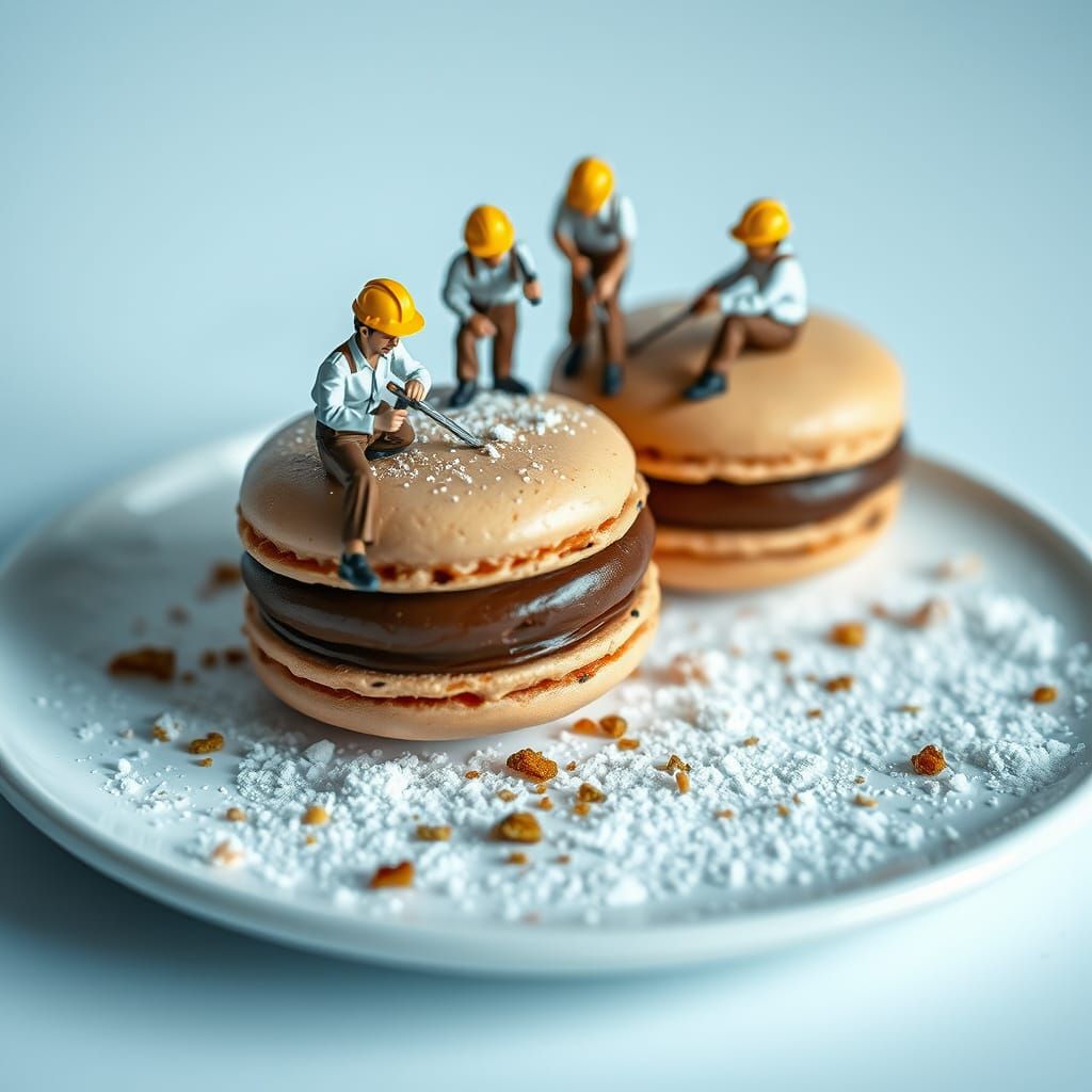 Miniature Workers Construct Macarons: Hyper-Realistic Digita...