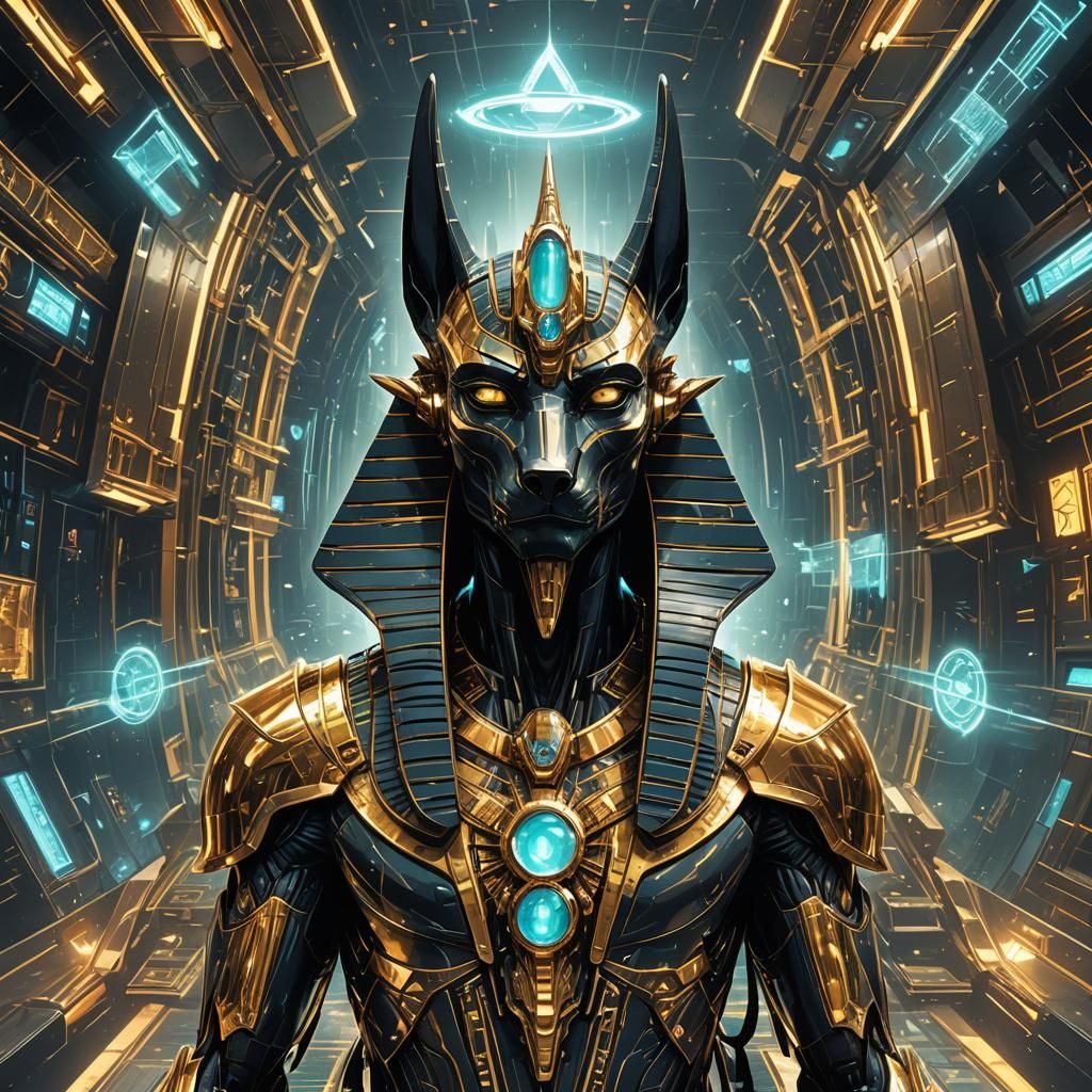 Cybernetic Anubis God in Advanced Cyberpunk Setting