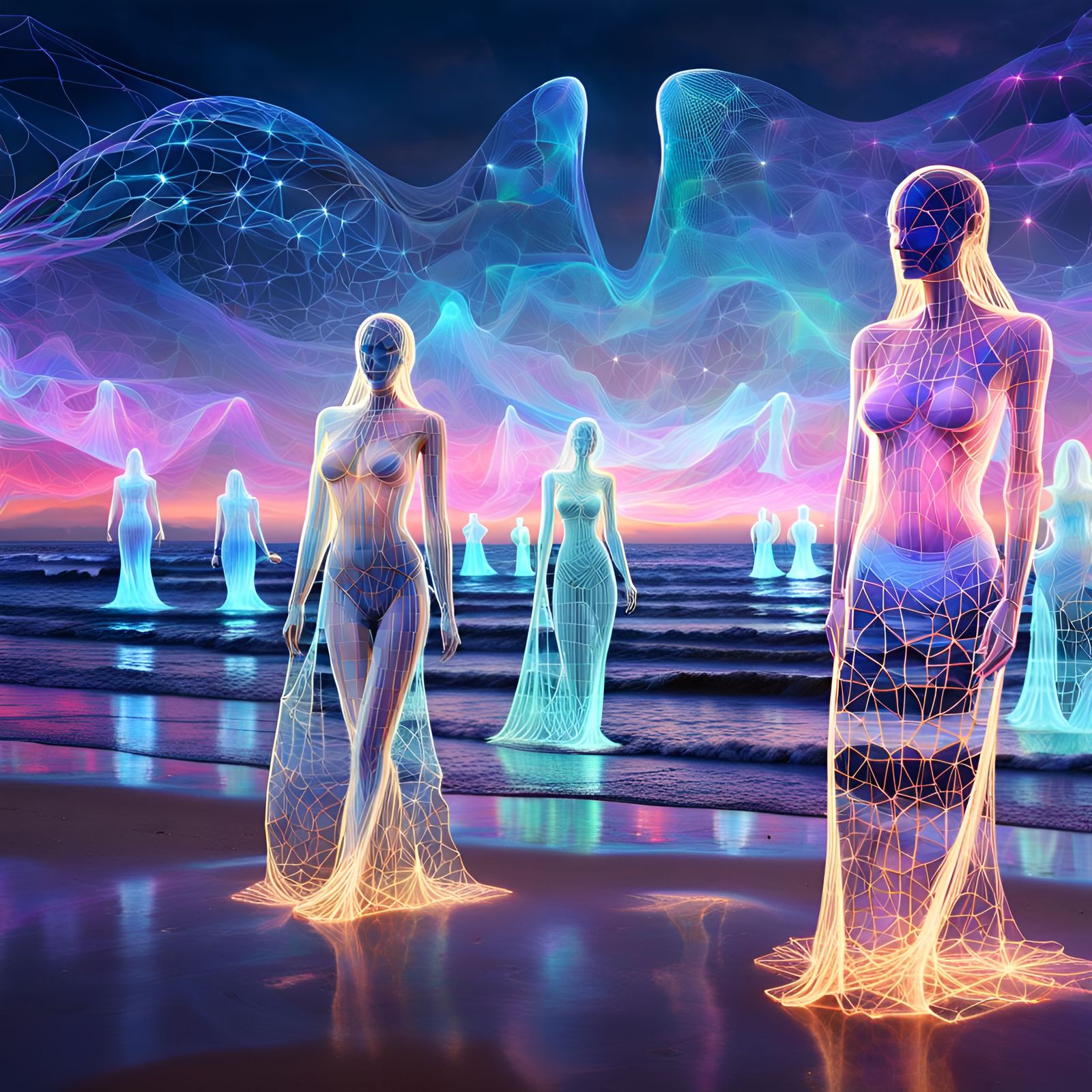Holographic Spectres on Enchanted Beach in Fractal Curves