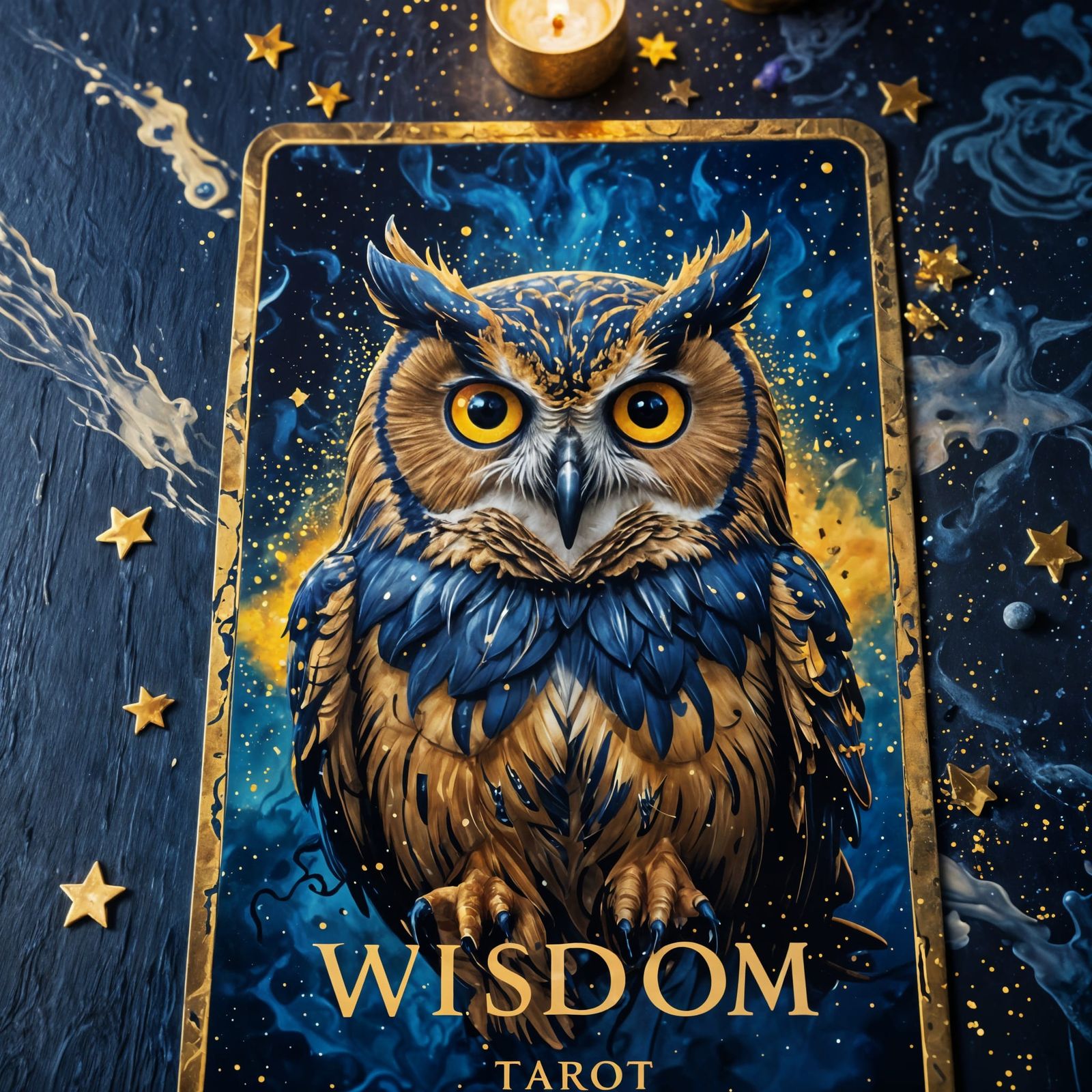 Cosmic Owl Tarot Card in Surrealist Style