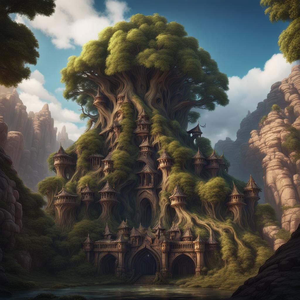 Fantasy Fortress of Ancient Tree in Matte Painting