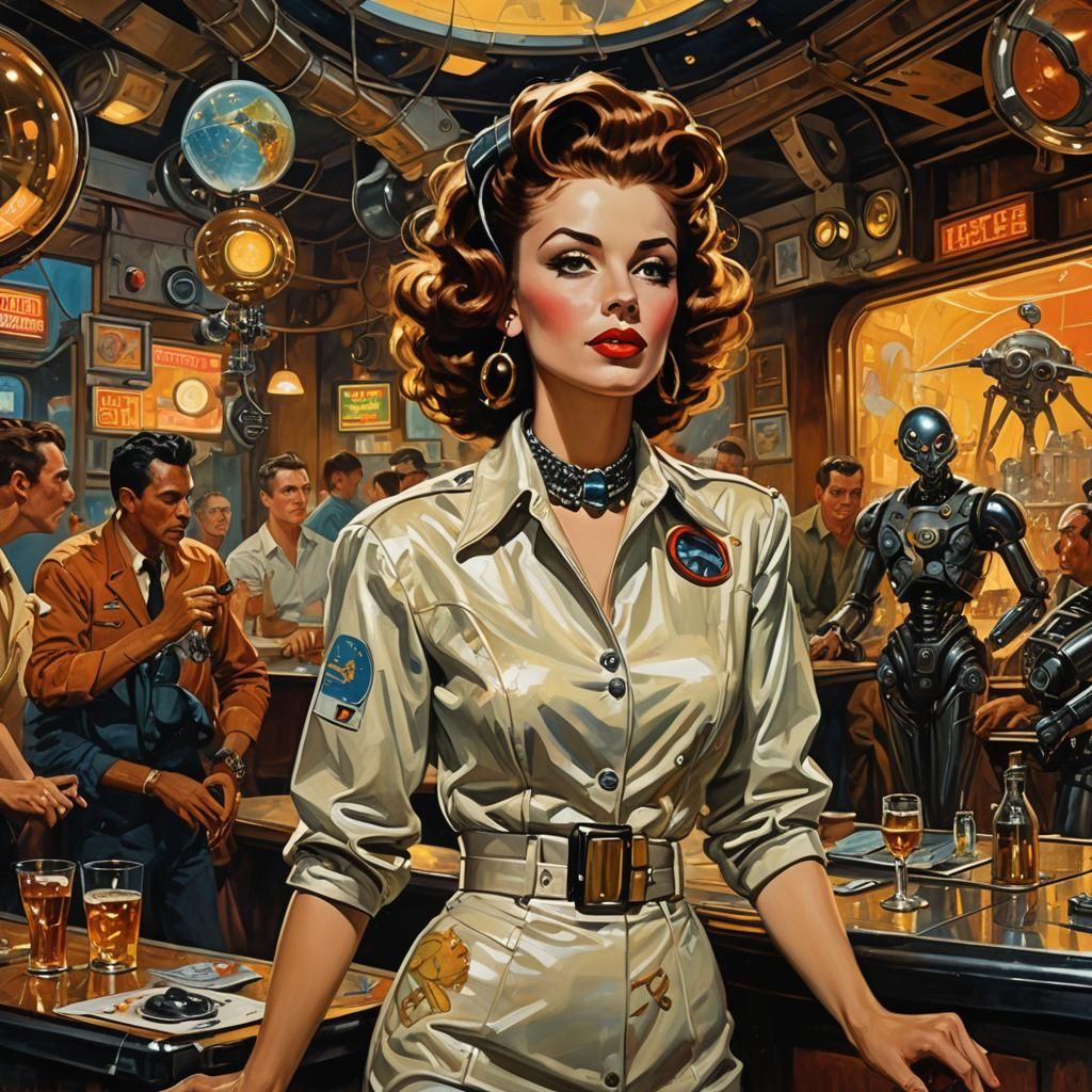 Retrofuturistic Singer in a Metropolis Bar