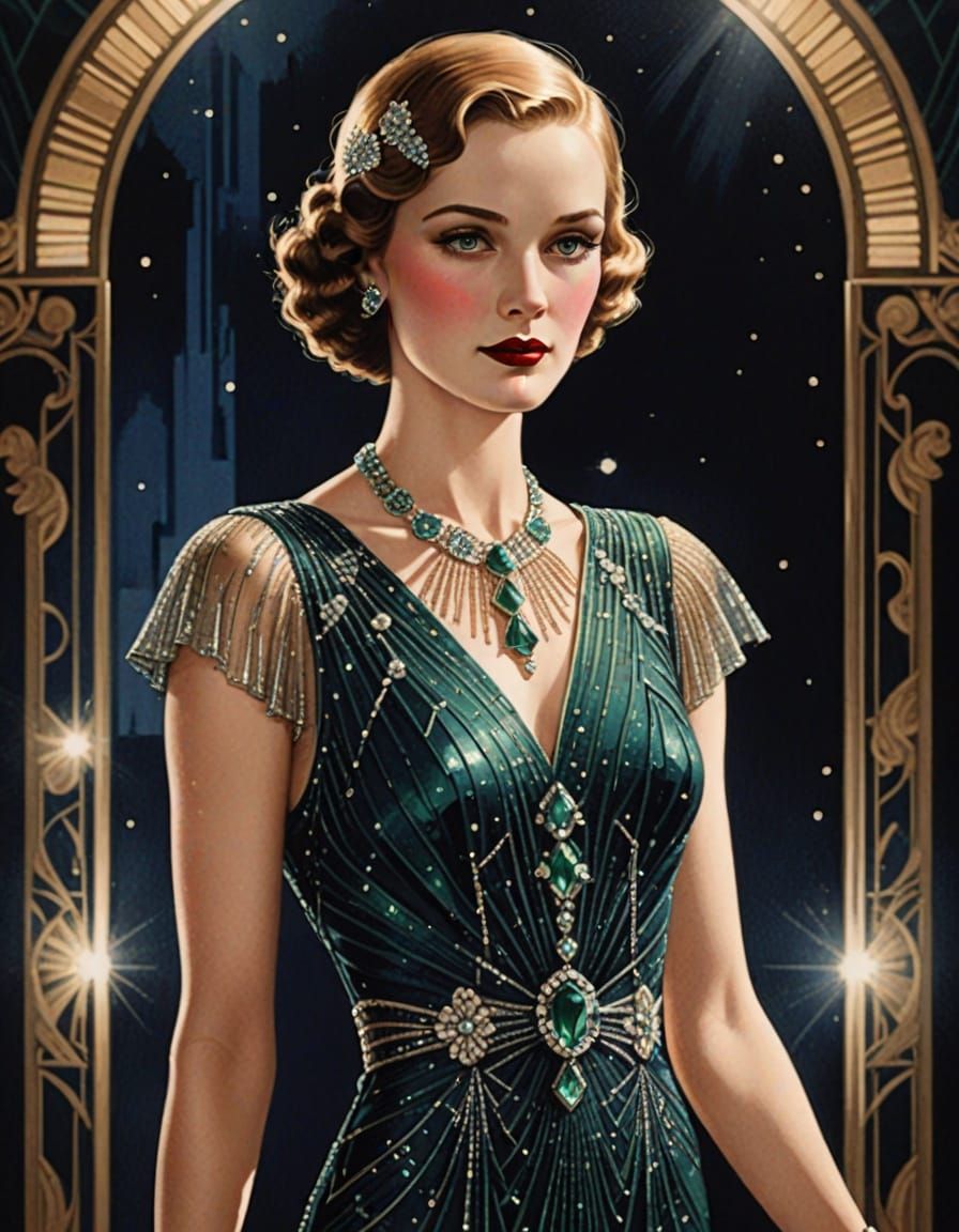 1930s Hollywood Beaded Evening Dress in Art Deco Style