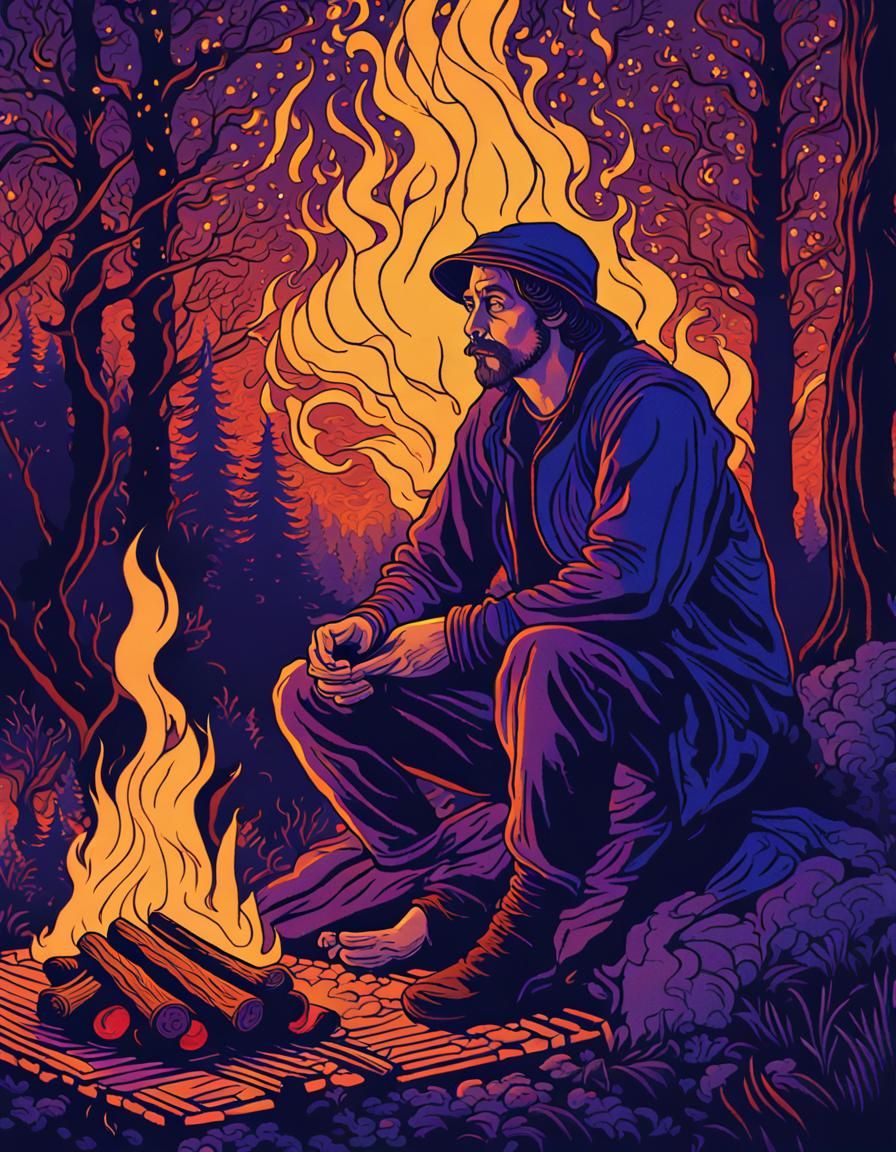 Man by Campfire in Art Nouveau Style