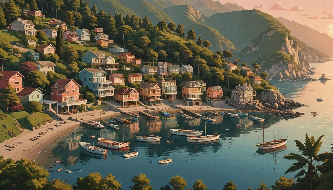 Coastal Sunset Landscape in Wes Anderson Style