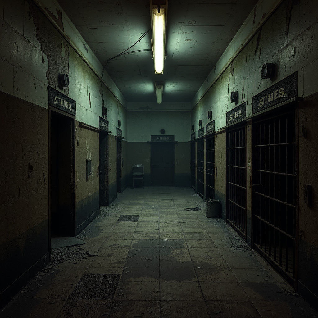 Decaying 1950s Prison Interior in Film Noir Style