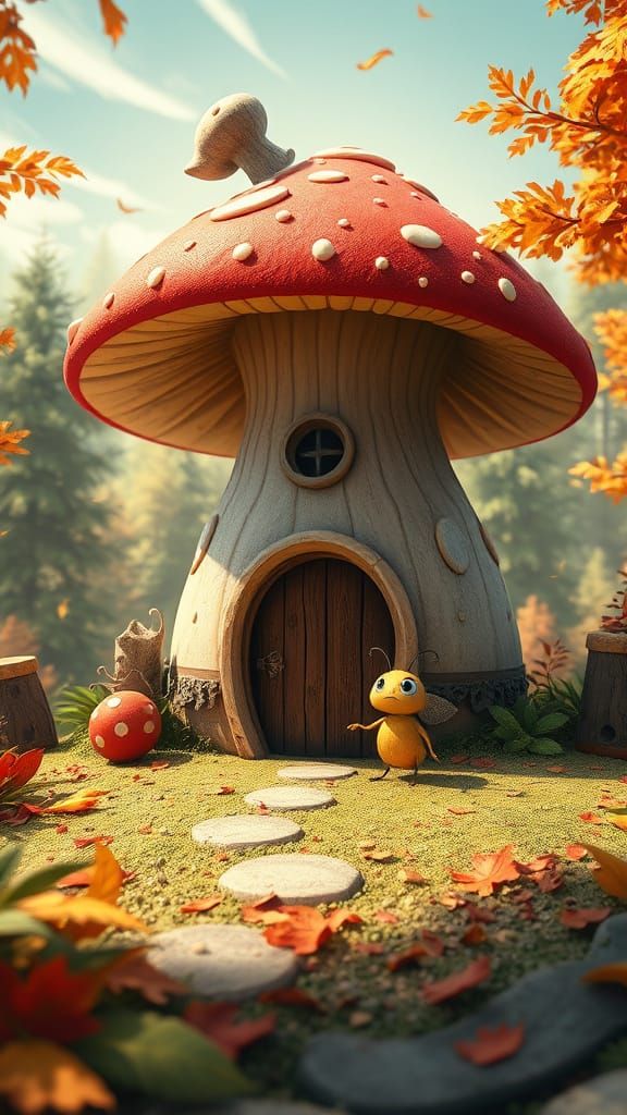 Whimsical Mushroom House in Autumnal Forest