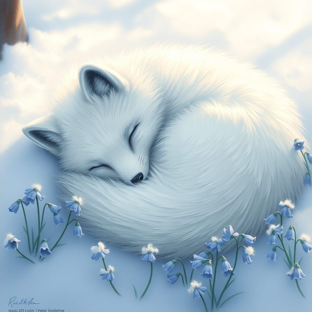Arctic Fox Dreaming in Bluebells: Painterly Winter Scene