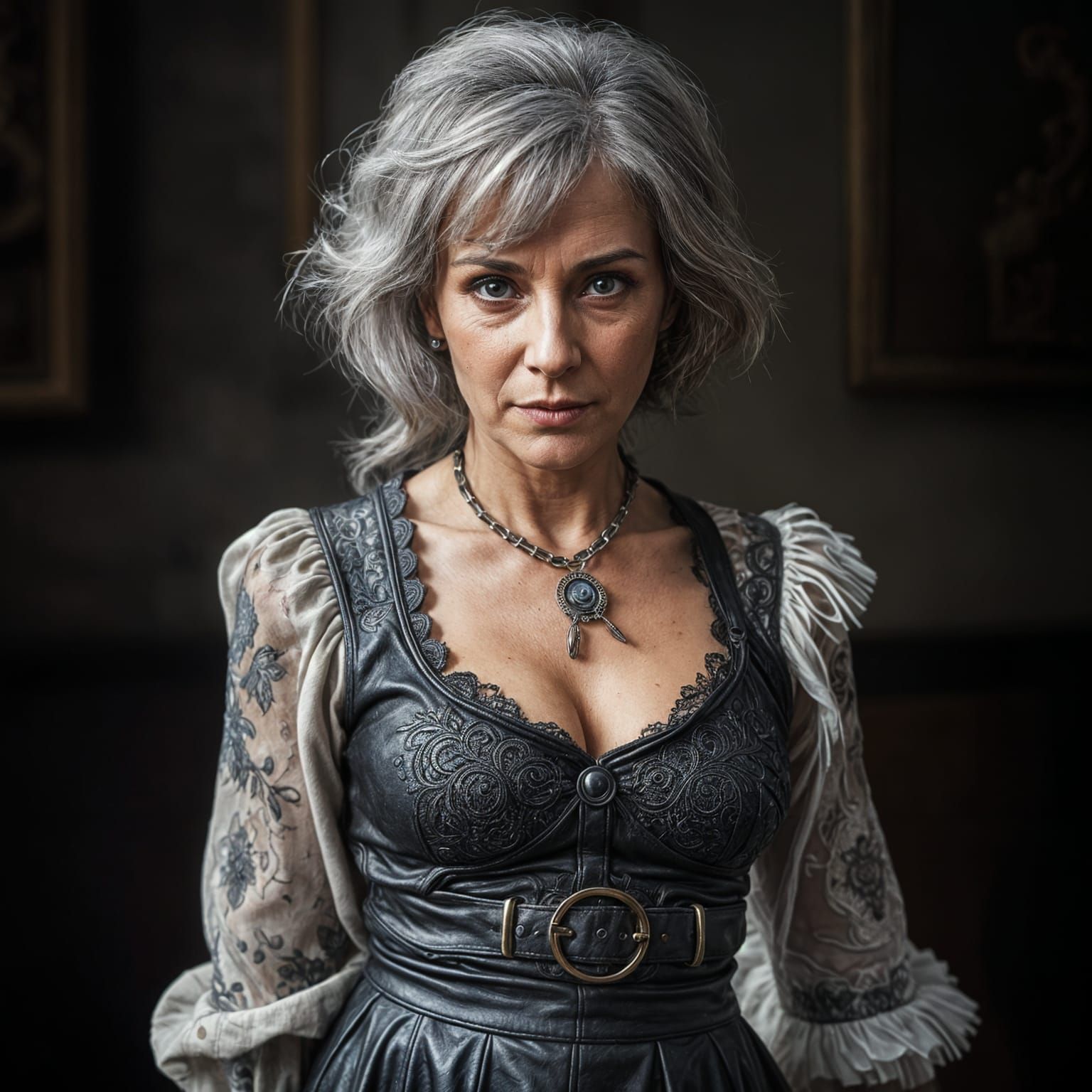 Hyperrealistic Portrait of a Mature Woman Wearing a Leather...