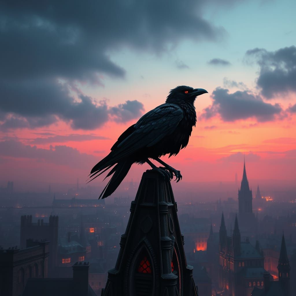 Raven on Gothic Spire in Neon City