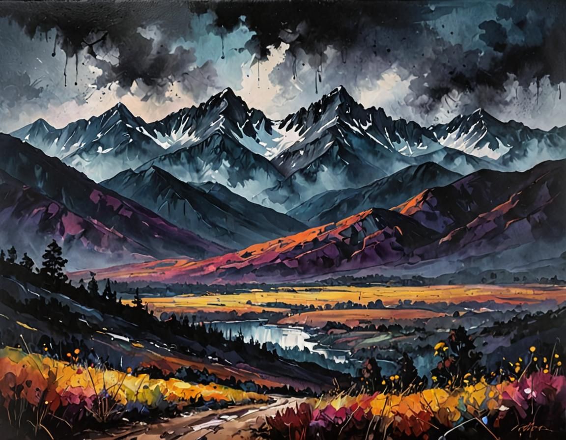 Mountain Range Oil Painting with Moody Sky