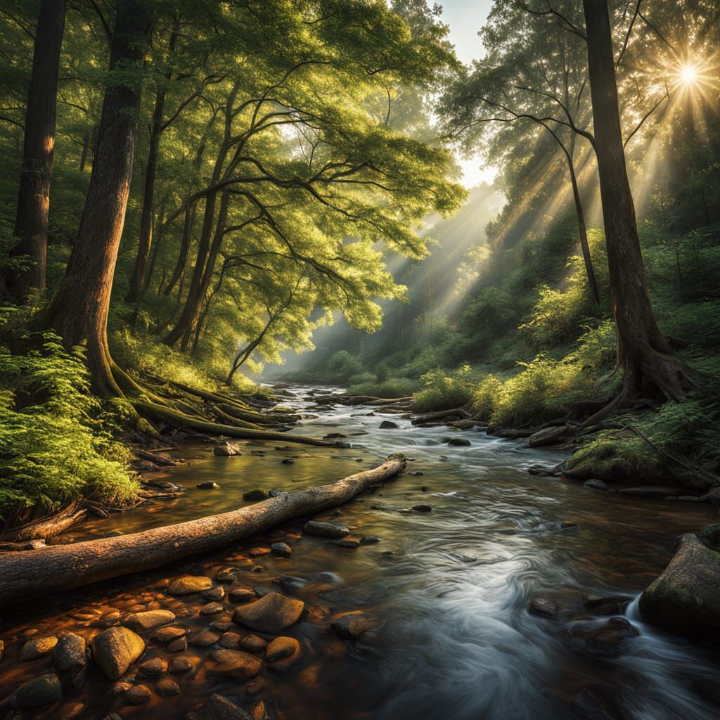 River Flows Through Forest: Hyperrealistic Oil Painting