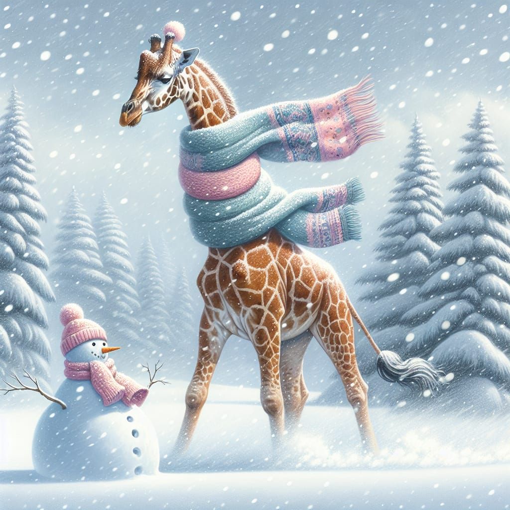 Giraffe Building Snowman in Blizzard, Wearing Scarf and Hat