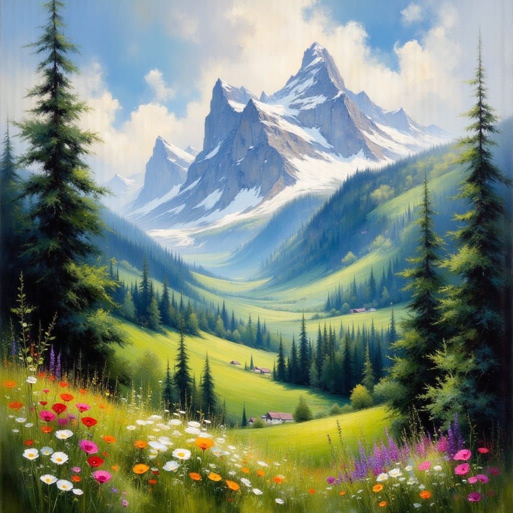 Epic Classical Swiss Alps Summer Landscape Oil Painting