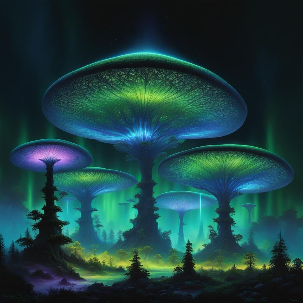 Exoplanet Iridescent Mushroom Forest: Fantasy Concept Art