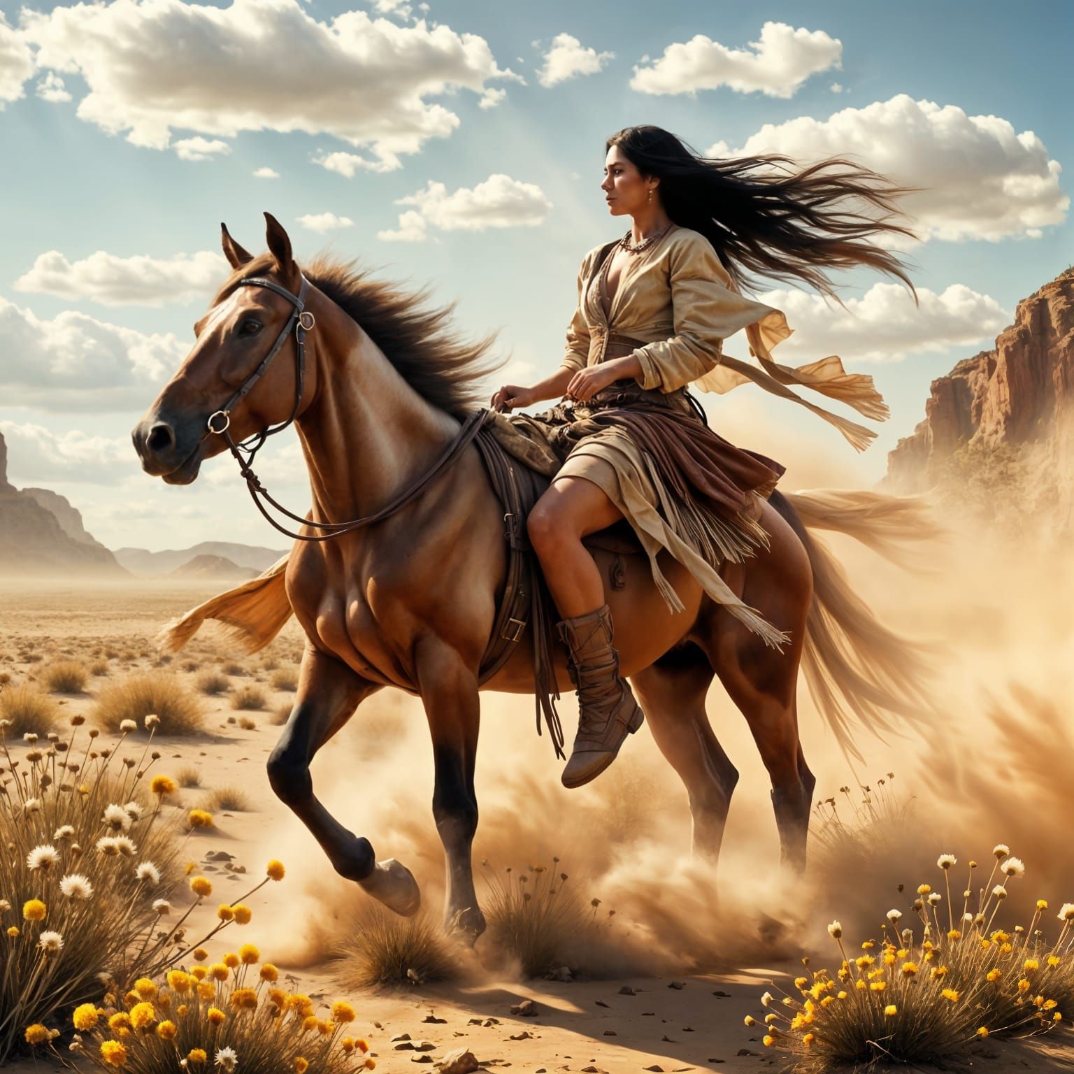 Vintage Western Goddess on a Wild Stallion