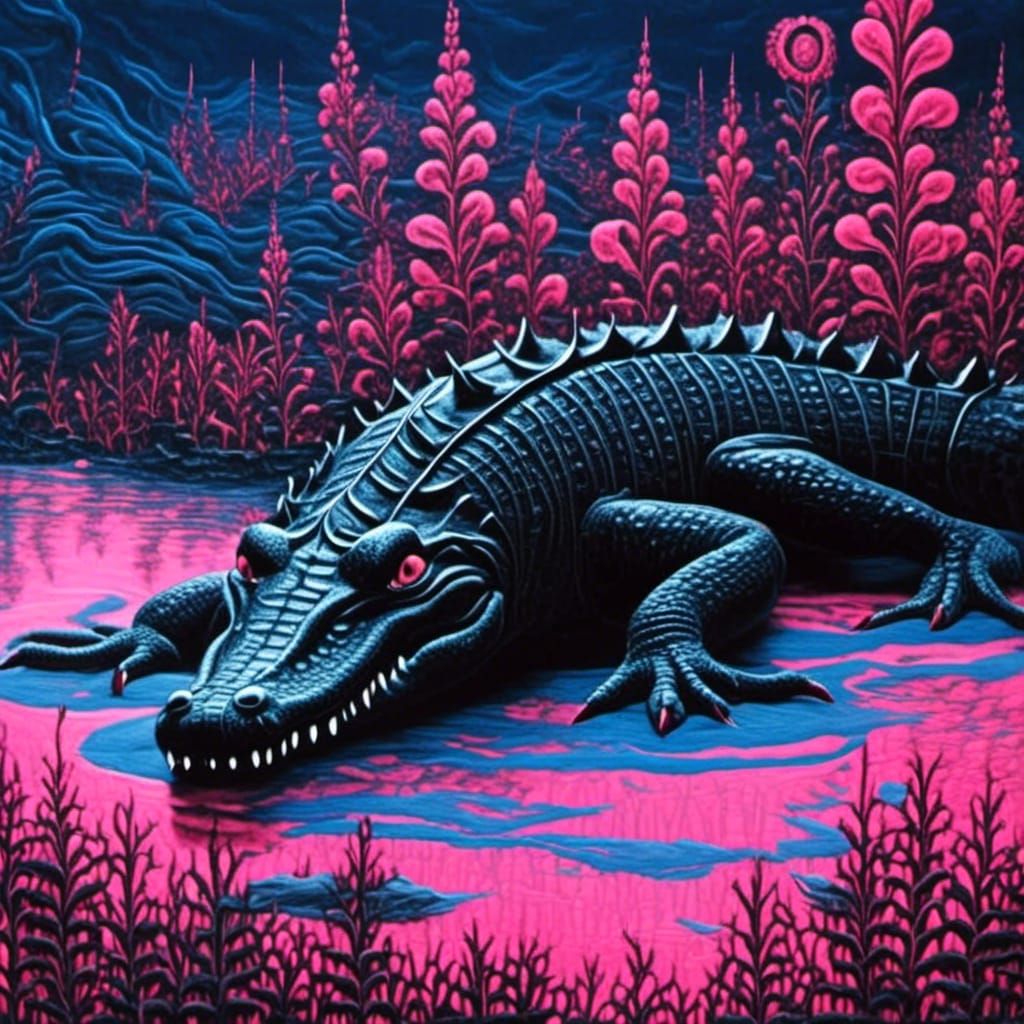 Black Light Crocodile in Pink Water, Blue Forest
