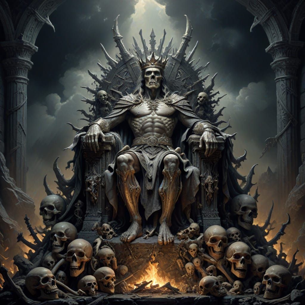 Mountain King Ascends from Throne of Skulls in Dark Horror