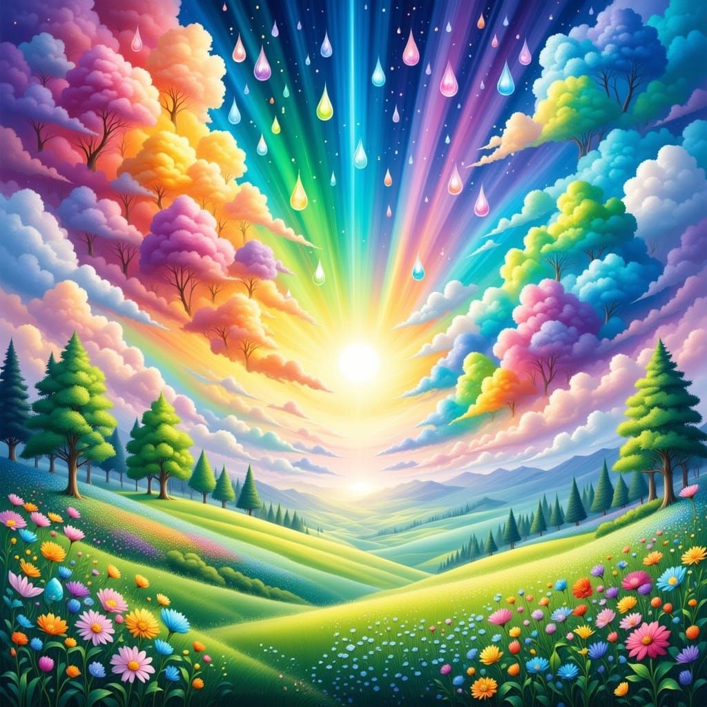 Vibrant Raindrops Fall from Whimsical Rainbow Clouds on a Su...